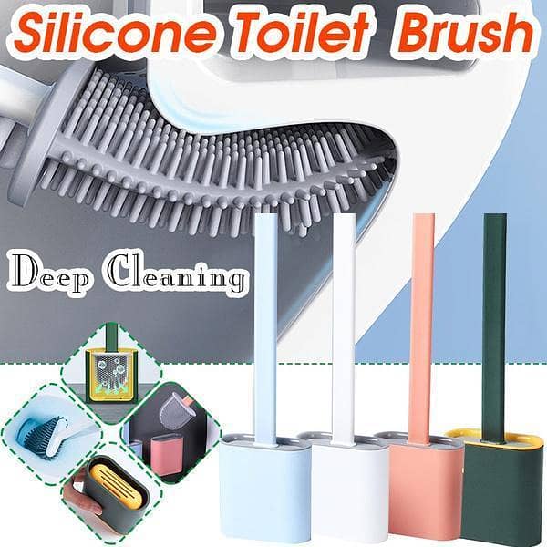Silicone Toilet Brush Wall Mounted Flat Head Flexible Soft Bristles Brush With Quick Drying Holder Set For Bathroom Accessory