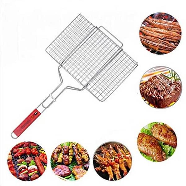 BBQ Grill Basket with Removable Wooden Handle for Fish and Vegetables - Ideal for Steaks, Shrimp, and More