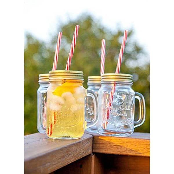 Multicolor Heat Resistant Fruity Glass Mason Jar Mugs Fruit Juice Cups with Lid and Straw For Milk, Milkshakes Juices 500 ml