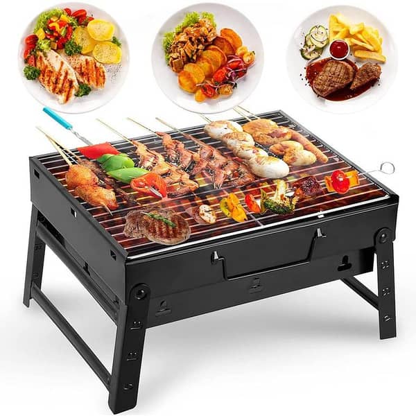 Portable Folding Stainless Steel Barbecue Grill Set - Heavy Duty BBQ Tool Kit for Camping and Outdoor Cooking (39 x 30 x 21.5 cm, Black)