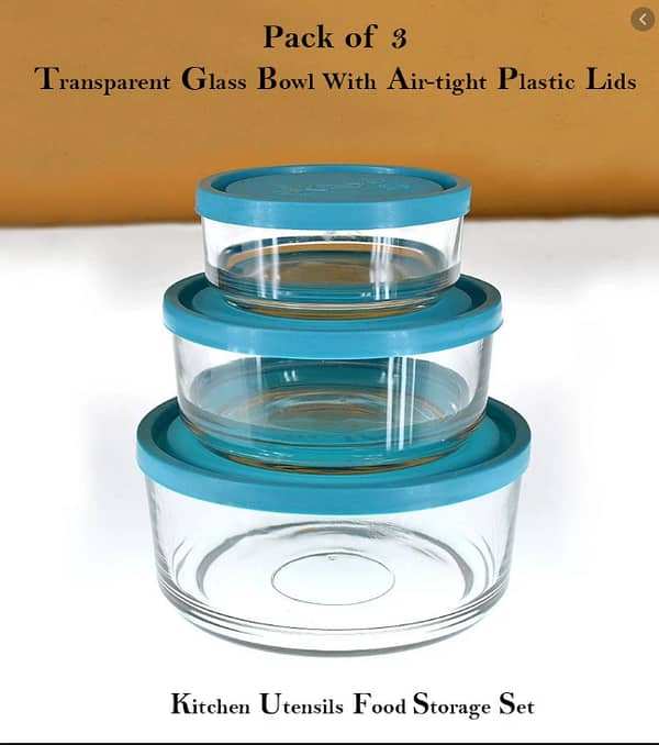 Set of 3 Piece Glass Mixing/Storage Bowls with Plastic Lid