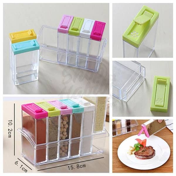 Transparent Plastic Seasoning Six-piece Set Box Castor Salt And MSG Seasoning Can Practical Seasoning Box Kitchen Accessories