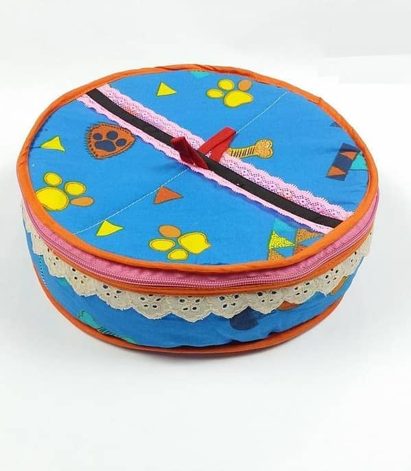 Cotton Zip Roti Box - Circle, Cloth and foam -Multicolor/Multidesign, Bread Container - Roti Container