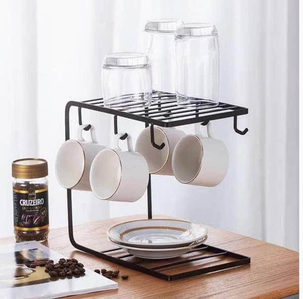 Medium Iron Cup Stand Dish Rack with 6 Hooks for Kitchen, 10x6x9 inches, Space-Saving Cup Holder and Organizer