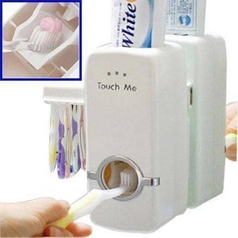 Toothpaste Dispenser and Toothbrush Holder - White