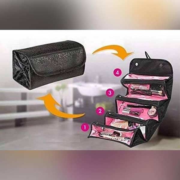 4-Layer Roll-up Travel Cosmetic Makeup Organizer with Hanging Loop - Large Capacity Toiletry Bag for Women