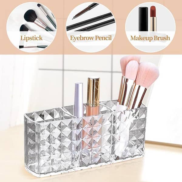 3-Compartment Clear Acrylic Makeup Brush Holder and Vanity Organizer