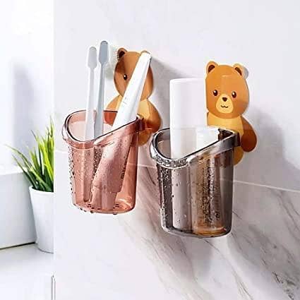 Teddy Bear Toothbrush Holder - Wall-Mounted Self-Adhesive Stand for Bathroom and Kitchen