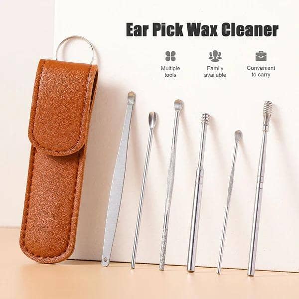 6-Piece Stainless Steel Ear Cleaner Kit - Earpick Wax Remover, Curette, Spiral Tools