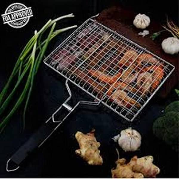 Stainless Steel BBQ Grill Basket with Removable Wooden Handle for Grilling Fish and Vegetables