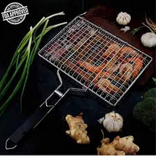 Stainless Steel BBQ Barbecue Grill Basket With Removable Wood Handle,-Grilling Basket Pan for for Fish, Vegetables-Griller Grid Grate Roast for Steak, Shrimp, Chops, BBQ Tool