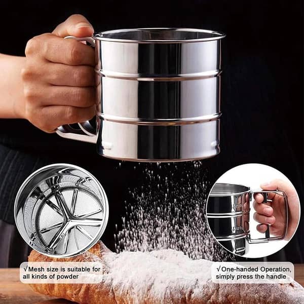 Stainless Steel Flour Sifter with Hand Press Design, Sieve Cup with Measuring Scale for Baking Flour, Powdered Sugar and Other Flour - Flour Shaker(Silver)