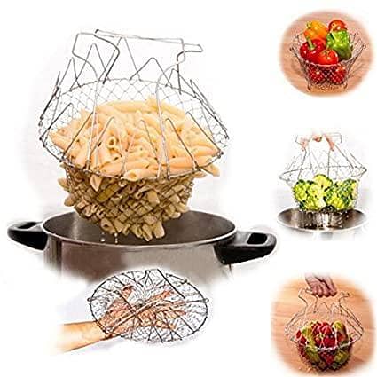 Deep Wire Fry Basket with Handles Foldable Steam Rinse Strain Fry Basket Strainer Net for Poaching Boiling Washing Cooking Tool for Fried Food or Fruits pasta