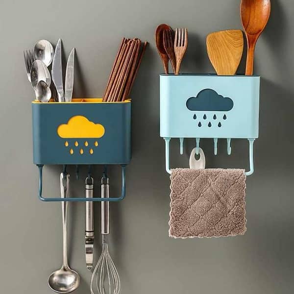 Plastic Cutlery Holder with 4 Hooks and Towel Bar for Kitchen - Wall-Mounted and Self-Adhesive
