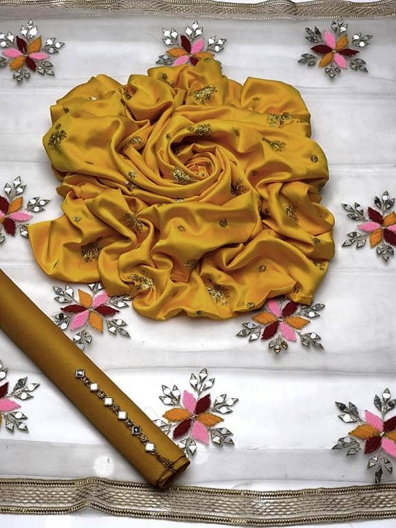 3 pc unstitched fancy dress for women – Shamooz Silk Embroidered Shirt, Net Dupatta & Kattan Silk Trouser