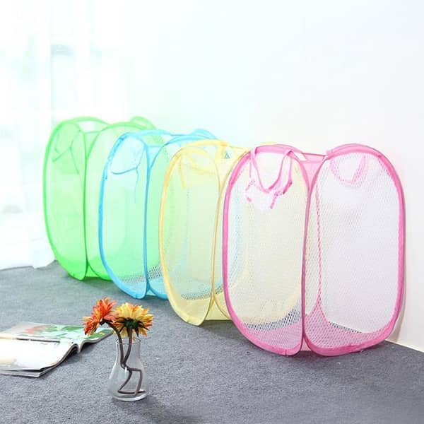 Foldable Nylon Mesh Laundry Basket with Iron Frame for Clothes and Toy Storage