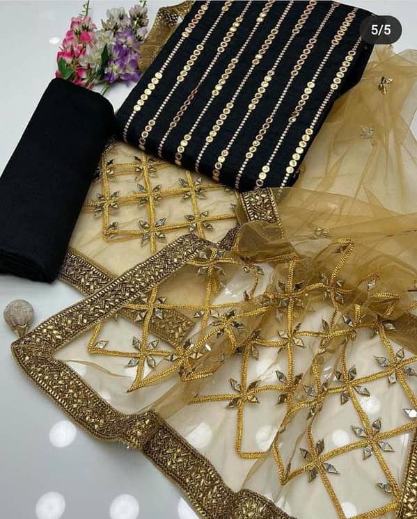 Fancy 3PC Embroidered Dress – Organza  Work Shirt, Net Mirror Work Dupatta with Gotta Lace & Kattan Silk Trouser