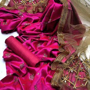 Fancy 3PC Embroidered Dress – Shamooz Silk Shirt, Indian Net Hand-Embroidered Dupatta, Kattan Silk Trouser