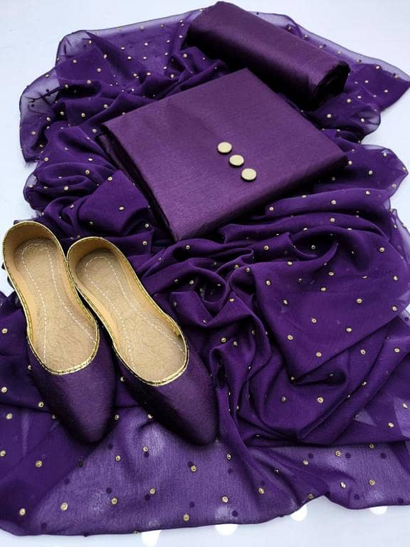 New Fency Shiffon 4pc Dresses | Shiffon All over Kundan & Bindi Work Duppata Kattan silk shirt & trouser |Girls Fashion Desses|