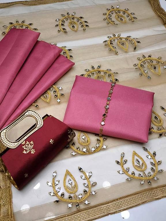 Fancy 4PC Dress – Soft Net Aari & Mirror Work Dupatta, Plain Kattan Silk Shirt & Trouser + Free Heavy Embroidered Clutch Gift