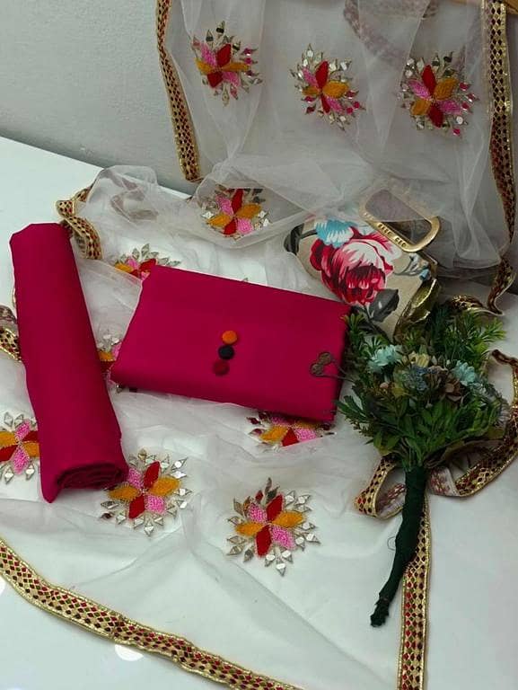 Fancy 4PC Dress – Soft Net Multi Aari & Mirror Work Dupatta, Plain Kattan Silk Shirt & Trouser + Free Floral Printed Purse Gift | Wedding & Party Wear