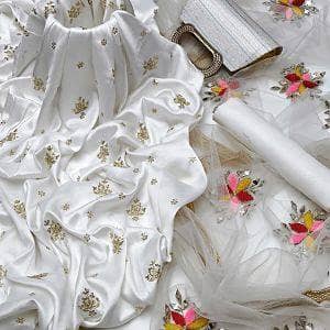 Fancy 4PC Embroidered Dress – Shamooz Silk Shirt, Indian Net Aari Embroidered Dupatta, Kattan Silk Trouser + Matching Clutch Gift