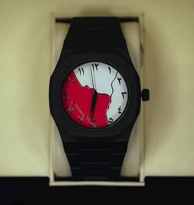 black aura watch with white and red inner theme