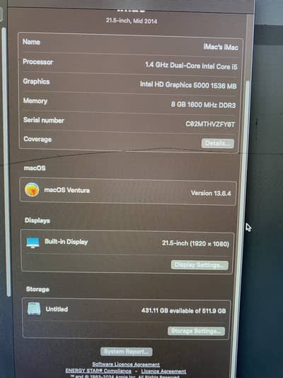 Imac 21.5 inch Mid 2014