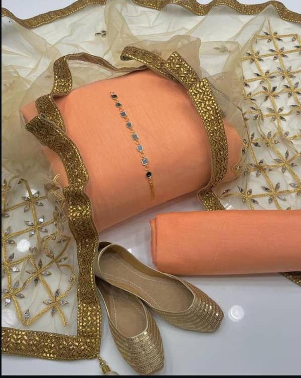 Fancy Kattan Silk 3PC Suit – Heavy Check & Mirror Work Dupatta + Mirror Neckline & Khussa Gift