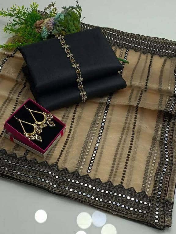 Fancy Suiting 2025 – Kattan Silk Shirt & Trouser with Organza Foil Dupatta + Neckline & Earrings Gift