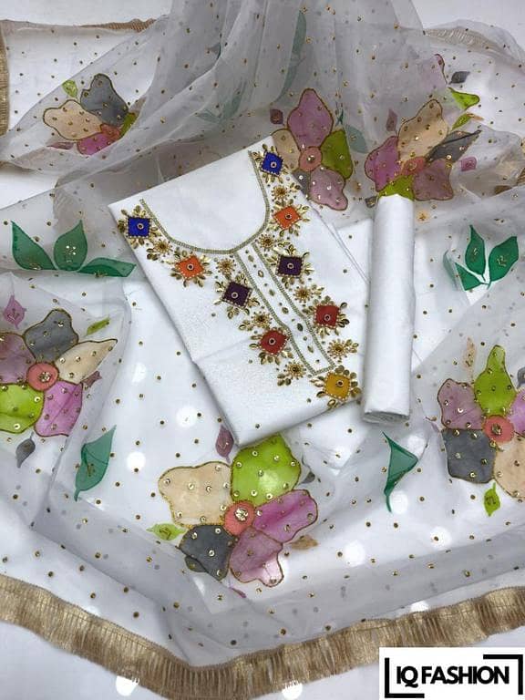 3 Piece Unstitched Women Dresses | Oil Paint | Handmade | Kataan Silk | Applic Moti Sitara and Nageena Work Shirt | Organza Dupatta With Handmade Paint Work Glittered Out Linings and 4 Side Lace Border | Kataan Silk Trouser | IQ Fashion | Customized