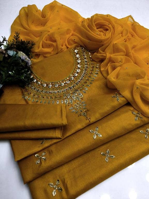 Heaven's Cart – 3 Pc Unstitch Fancy Dress for Women | Gota & Beads Work Kattan Silk Shirt | Kattan Silk Trouser | 2.5 Gaz Chiffon Dupatta with Kundan Work
