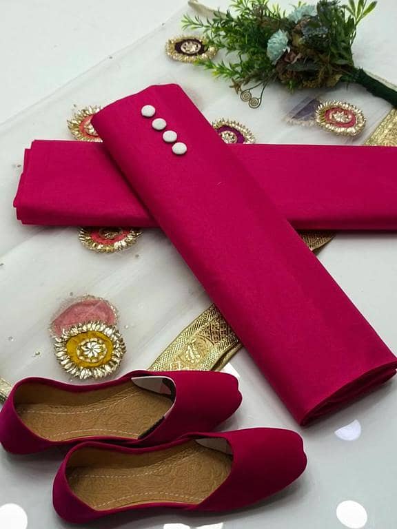 Kattan Silk 3-Piece Suit with Pure Multi Organza Foil Embroidered Dupatta + Khussa & Neckline Gift Set