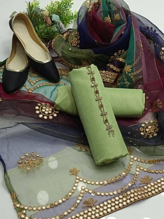 Unstitch 4 Pc Fancy Dress for Women – Kattan Silk Suit with Pure Multi Organza Foil Embroidery Dupatta & Free Khussa