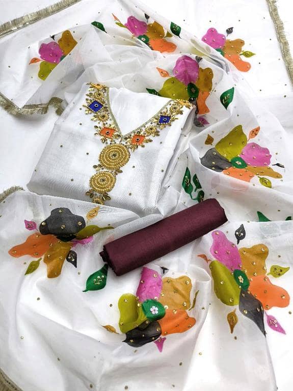 Oil Paint Handmade 3 Pc Unstitched Fancy Dress for Women – Khaddi Net Shirt, Organza Painted Dupatta & Kattan Silk Trouser