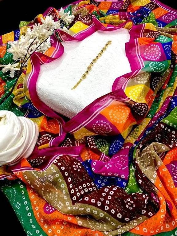 New Chicken Embroidered 3 Pc Unstitched Fancy Dress for Women – Cotton Chickenkari Shirt & Trouser with Multi-Design Chiffon Dupatta + Neckline Gift