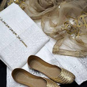 New 4PC Cotton Chickenkari Embroidered Dress – Heavy Net Mirror & Gotta Work Dupatta + Free Khussa Gift (Sizes 6–10)