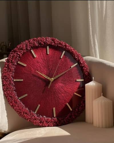 Luxury Handmade Deep Red Resin Wall Clock with Gold Accents