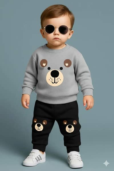 2 PCs Stylish Printed Polyester Track Suit For Boys & Girls -Grey