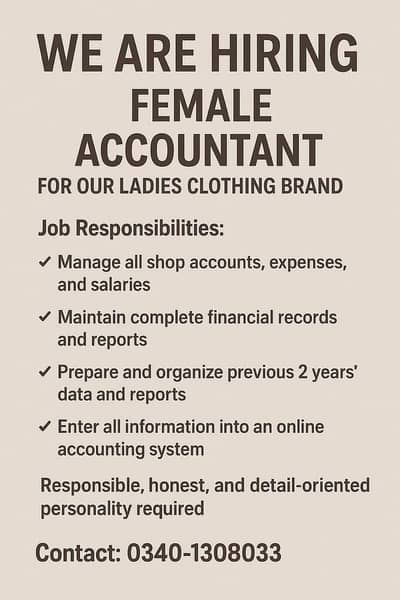 Female Acountant for Ladies Clothing Brand