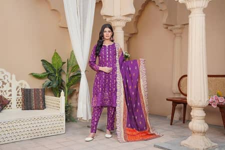 stylish purple khadder suit with embroidered 3 pics suit