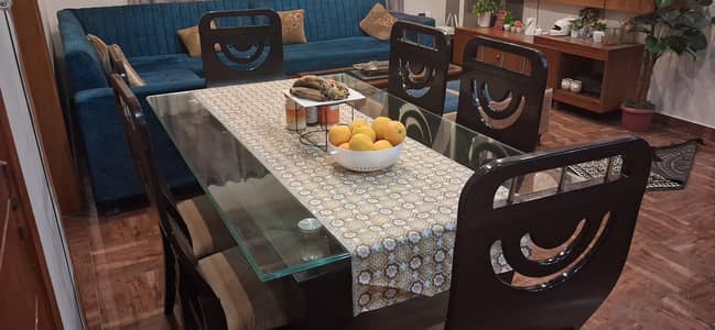 6 chair wood dining table with glass top