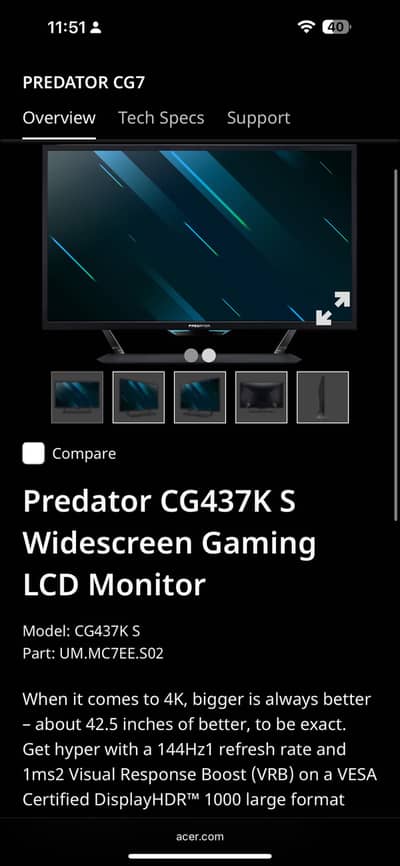 Acer predator 43 inch 4k 144hz gaming monitor