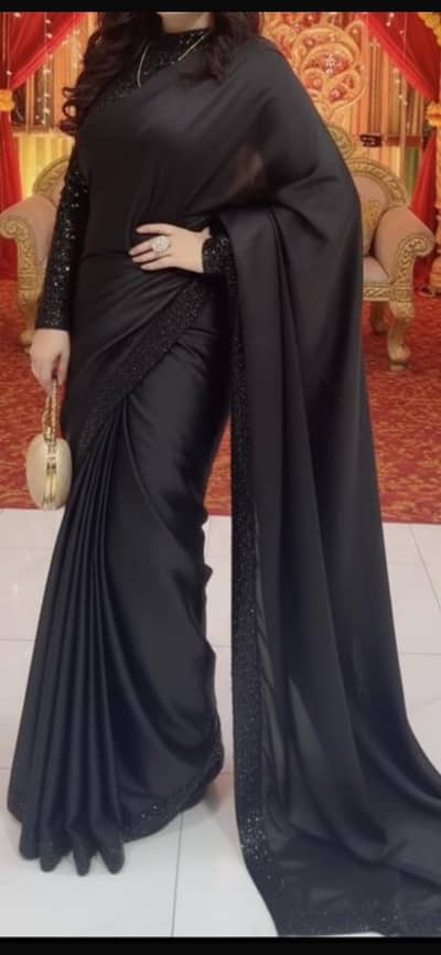 Royal Black Silk Sari with Tila Work & Shimmering Koti Inner