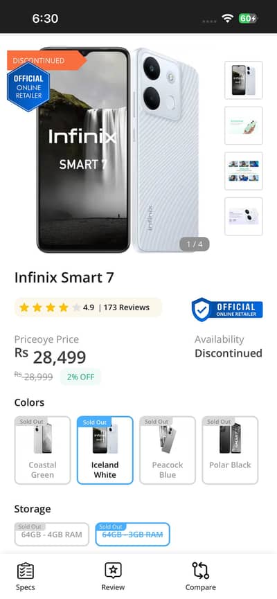 Infinix smart 7 box + charger - 4+64gb