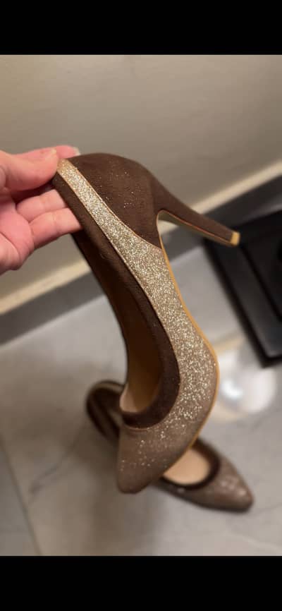 Brown Suede & Gold Glitter Ombré Pointed Toe Pumps - Size 40