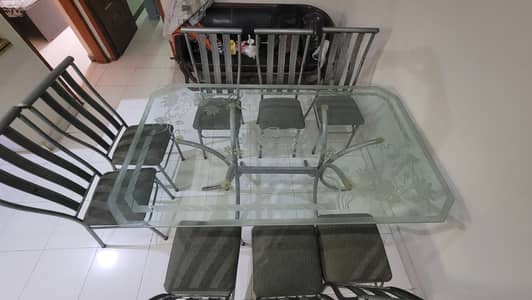 Glass Top Dining Table Set with 8 Chairs – Steel Frame