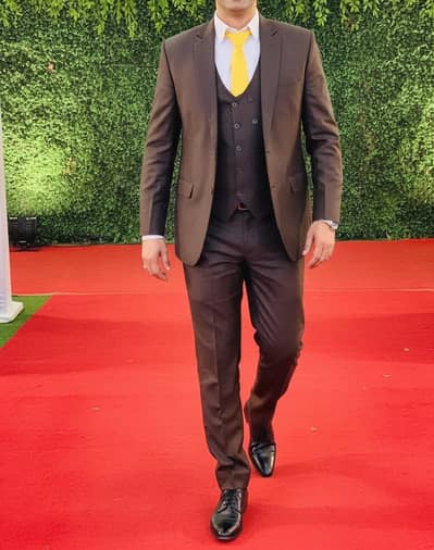 3 piece suit in shining stuff in chocolate brown color