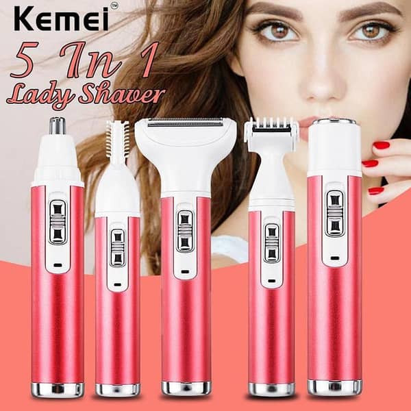 Kemei Ladies Epilator 3628 5-in-1 Rechargeable Hair Remover for Women - Electric Shaver, Eyebrow & Nose Trimmer, Waterproof Body Hair Removal