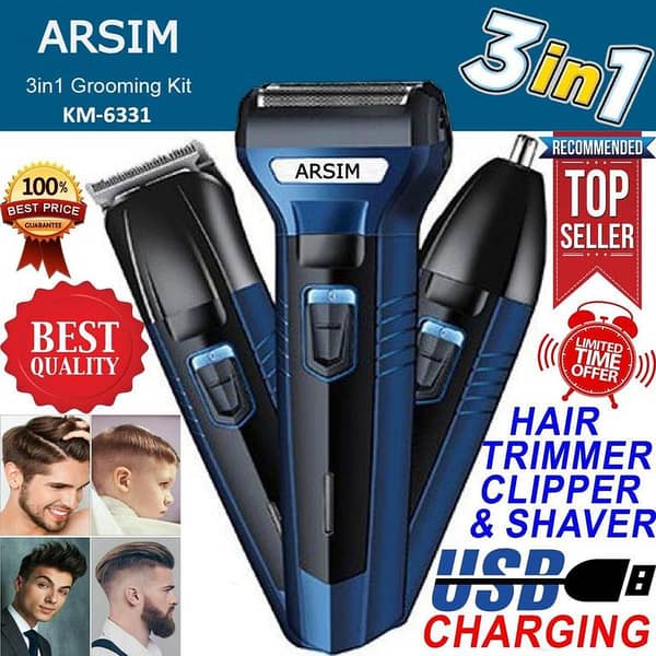 ARSIM 3-In-1 Rechargeable Hair Clipper and Shaver for Beard Styling and Hair Removal for Men